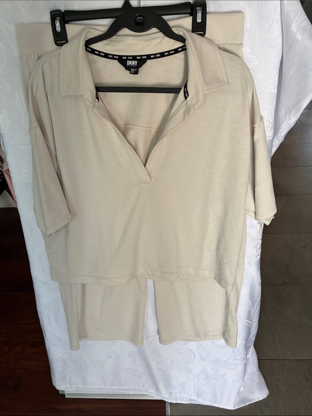 DKNY Cream Short Sleeve Cropped Polo Top with wide leg crop pants
